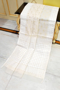 Handwoven Sholapuri Rhombus Work Jamdani Saree in Off White, White and Golden