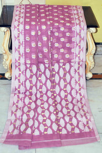 Self Woven Nakshi Work Cotton Muslin Jamdani Saree in Opera Mauve, Off White and Golden