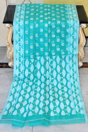 Self Woven Nakshi Work Cotton Muslin Jamdani Saree in Sea green, Off White and Golden