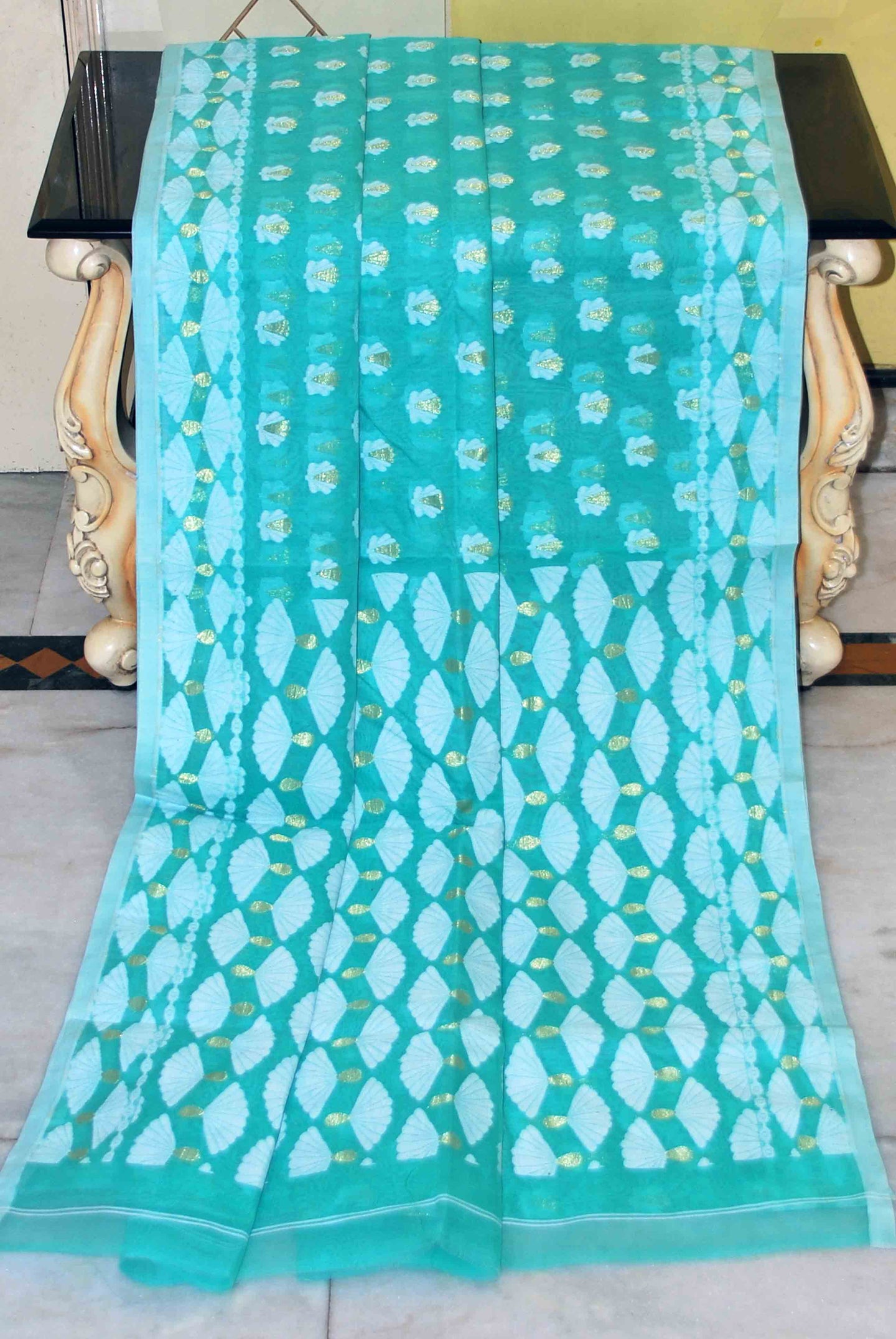 Self Woven Nakshi Work Cotton Muslin Jamdani Saree in Sea green, Off White and Golden