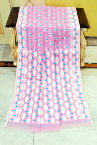 Self Woven Nakshi Work Cotton Muslin Jamdani Saree in Light Hot Pink, Off White, Blue and Golden