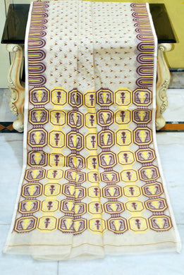 Handwoven Jamdani Saree in Off White, Yellow and Chocolate Brown