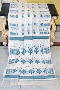 Woven Nakshi Work Soft Muslin Jamdani Saree in Off White and Teal Blue