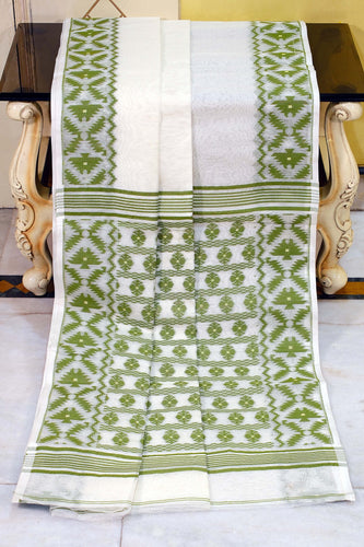 Designer Body Plain with Woven Jamdani Border and Pallu Cotton Muslin Saree in Off White and Pickle Green