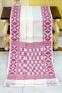 Designer Body Plain with Woven Jamdani Border and Pallu Cotton Muslin Saree in Off White and Magenta