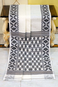 Designer Body Plain with Woven Jamdani Border and Pallu Cotton Muslin Saree in Off White and Black