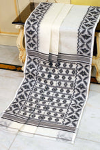 Designer Body Plain with Woven Jamdani Border and Pallu Cotton Muslin Saree in Off White and Black