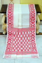 Designer Body Plain with Woven Jamdani Border and Pallu Cotton Muslin Saree in Off White and Red