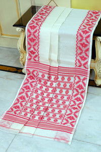 Designer Body Plain with Woven Jamdani Border and Pallu Cotton Muslin Saree in Off White and Red