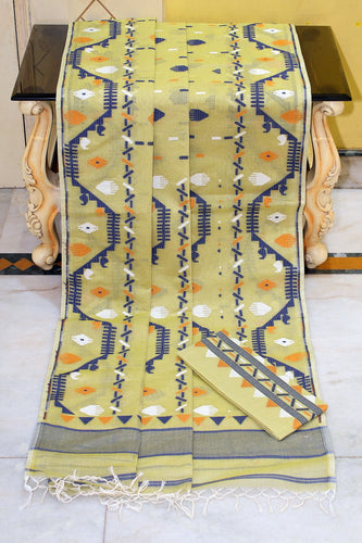 Handwoven Karat Nakshi Jamdani Work Cotton Mulsin Saree in Primrose, Navy Blue, Off White and Mustard