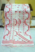 Handwoven Karat Nakshi Jamdani Work Cotton Mulsin Saree in Off White, White and Red