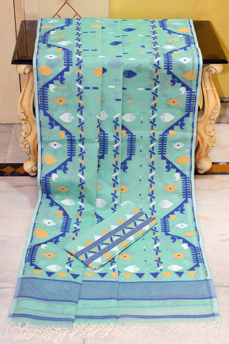 Handwoven Karat Nakshi Jamdani Work Cotton Mulsin Saree in Bermuda Green, Navy Blue, Off White and Mustard
