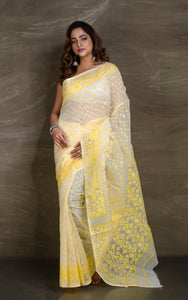 Sholapuri Work Jamdani Saree in Off White and Pastel Yellow