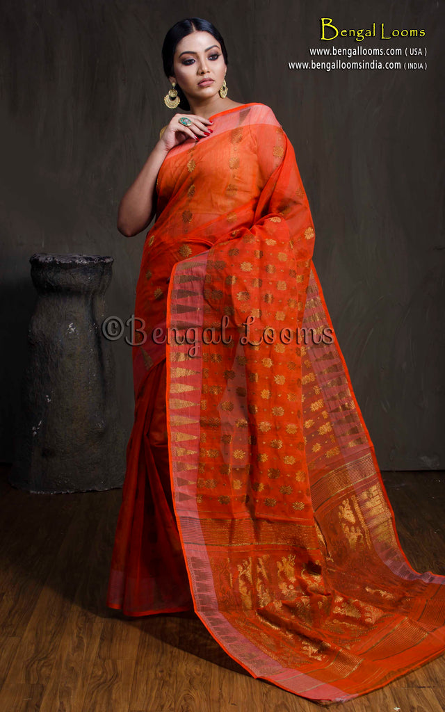 Soft Dhakai Jamdani Saree in Orange and Antique Gold – Bengal Looms India