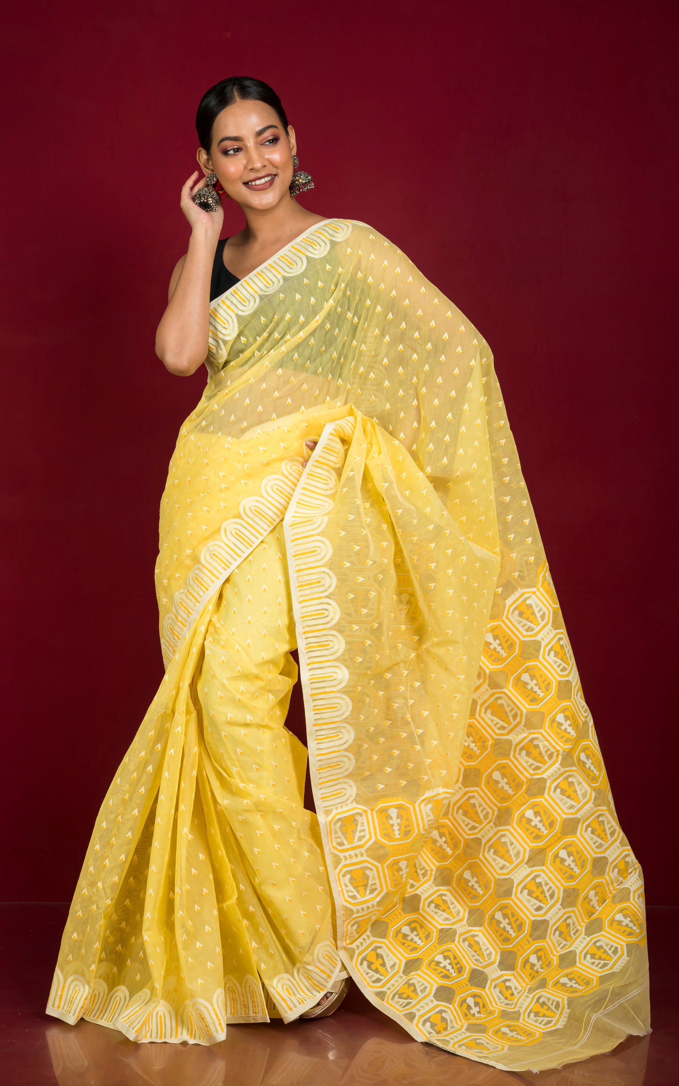 Buy Best Yellow Red Butta Pure Handloom Dhakai Jamdani Saree | Dhakai  Jamdani Silk Cotton Saree online at Best Prices in India | Yes!poho