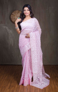 Sholapuri Work Jamdani Saree in Pastel Pink and Off White