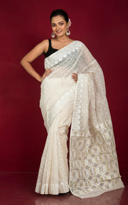 Handwoven Minakari Jamdani Saree in Off White, White and Golden