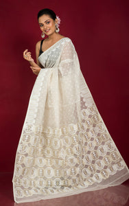 Handwoven Minakari Jamdani Saree in Off White, White and Golden