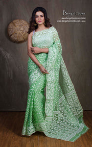 Sholapuri Work Jamdani Saree in Light Patel Green and Off White