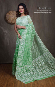 Sholapuri Work Jamdani Saree in Light Patel Green and Off White