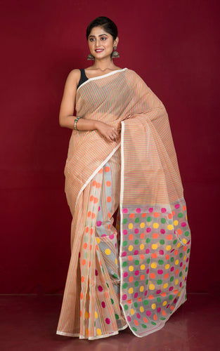 Patli Pallu Nakshi Floral Work & Multicolored Woven Stripes on Off White Base Resham Jamdani Silk Saree
