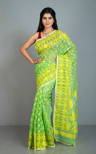 Traditional Soft Jamdani Saree in Pastel Green, Pastel Yellow and Gold