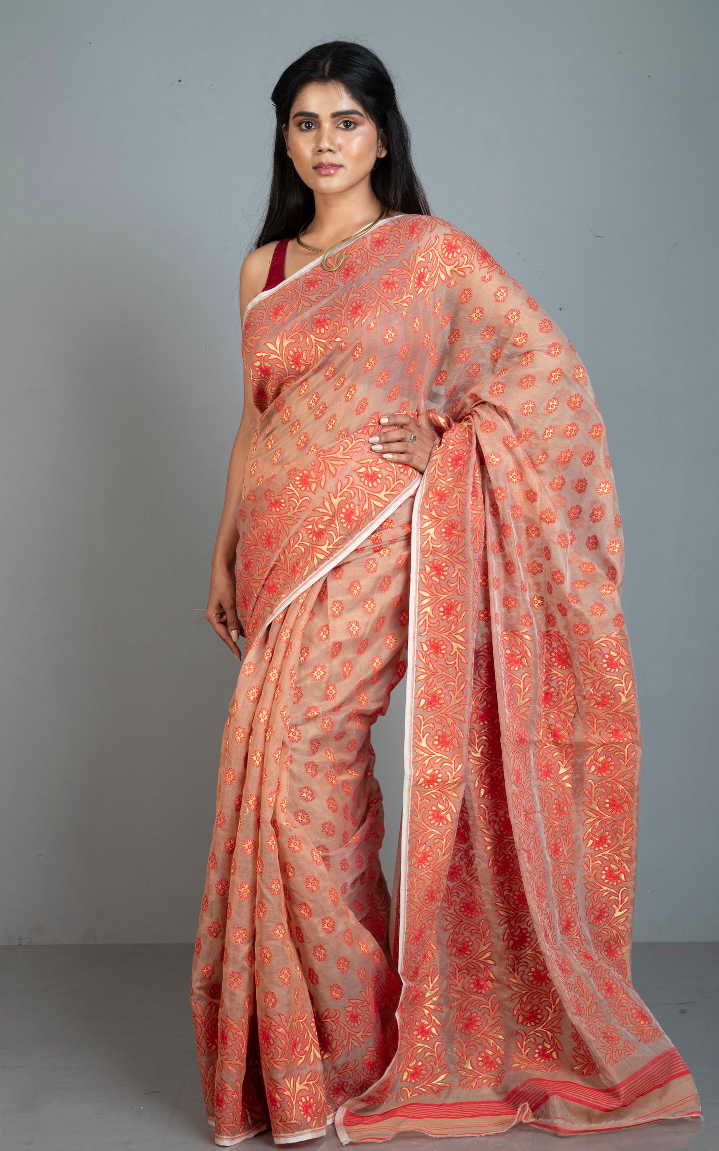 Traditional Soft Jamdani Saree in Warm Beige, Red and Gold