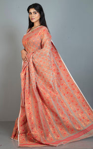 Traditional Soft Jamdani Saree in Warm Beige, Red and Gold