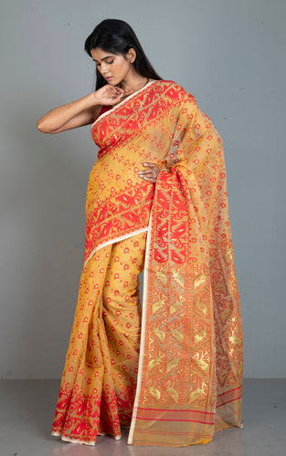 Traditional Soft Jamdani Saree in Butterscotch, Red and Gold