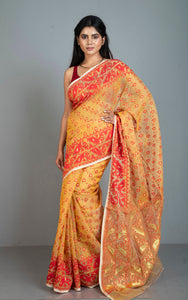 Traditional Soft Jamdani Saree in Butterscotch, Red and Gold