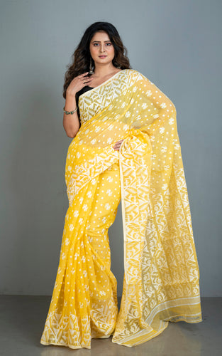 Sholapuri Work Jamdani Saree in Yellow, White and Golden