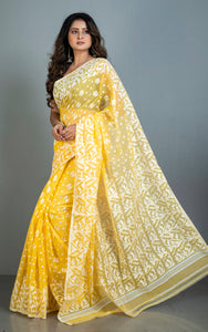 Sholapuri Work Jamdani Saree in Yellow, White and Golden