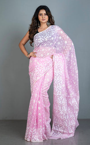 Sholapuri Work Jamdani Saree in Pink, White and Golden