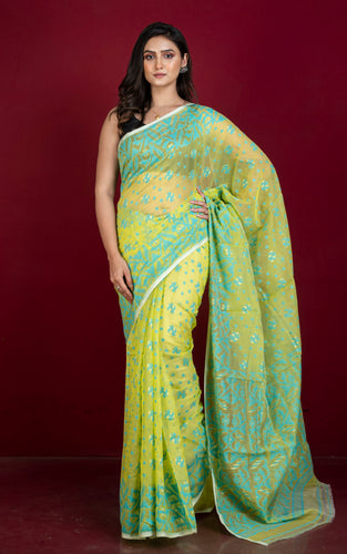Sholapuri Work Jamdani Saree in Lime Green, Sea Green and Golden