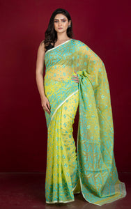 Sholapuri Work Jamdani Saree in Lime Green, Sea Green and Golden