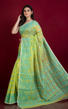 Sholapuri Work Jamdani Saree in Lime Green, Sea Green and Golden