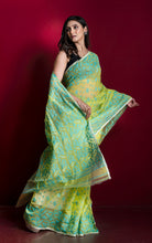 Sholapuri Work Jamdani Saree in Lime Green, Sea Green and Golden