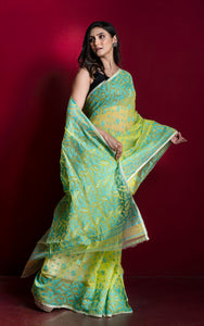 Sholapuri Work Jamdani Saree in Lime Green, Sea Green and Golden