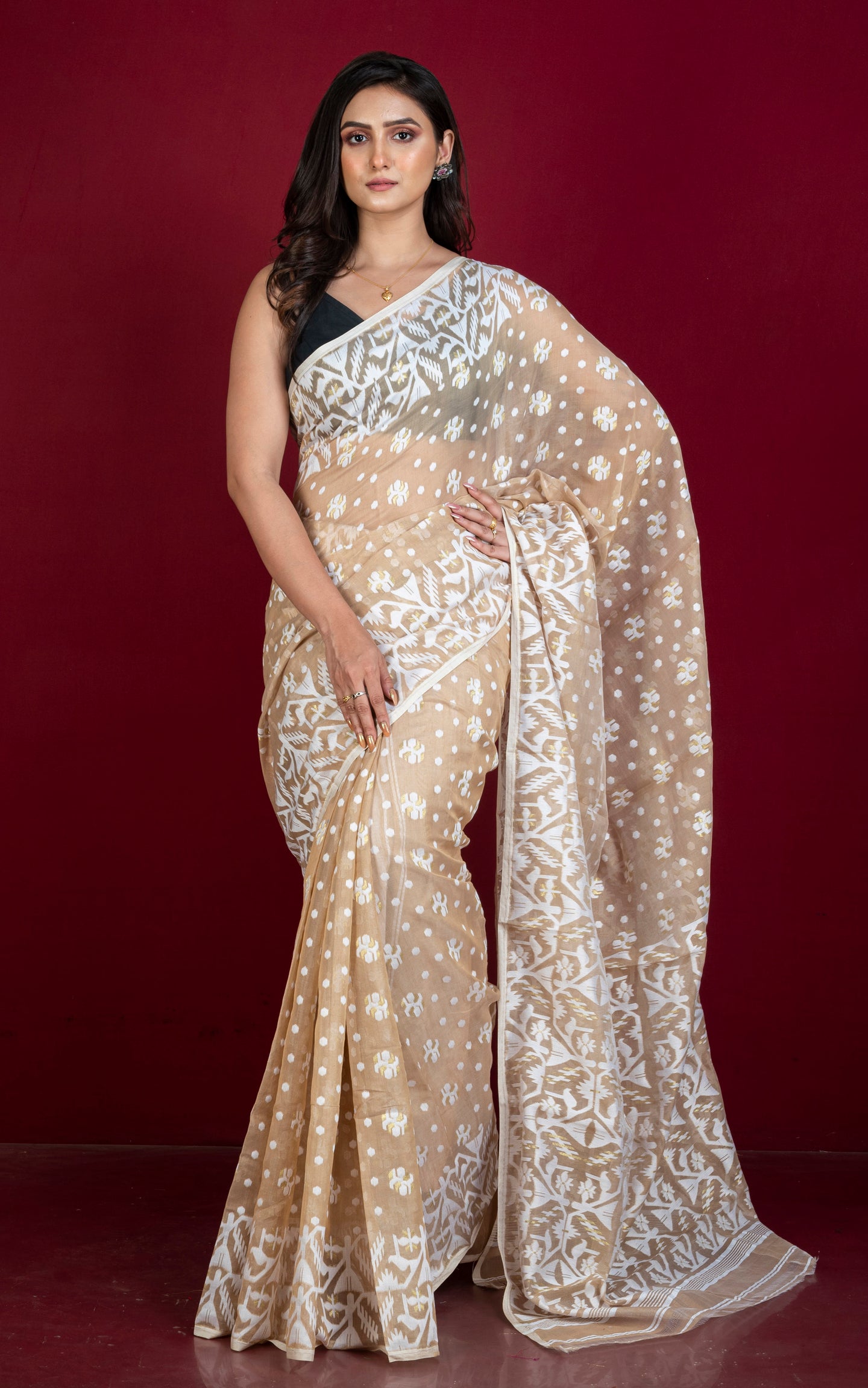 Sholapuri Work Jamdani Saree in Warm Beige, White and Golden