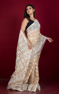 Sholapuri Work Jamdani Saree in Warm Beige, White and Golden