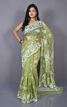 Sholapuri Work Jamdani Saree in Khaki Green, Off White and Golden