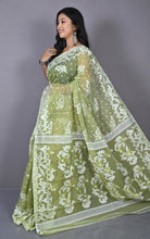 Sholapuri Work Jamdani Saree in Khaki Green, Off White and Golden