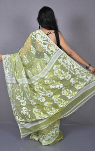 Sholapuri Work Jamdani Saree in Khaki Green, Off White and Golden