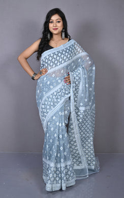 Sholapuri Work Jamdani Saree in Polo Blue, Off White and Golden