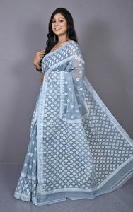 Sholapuri Work Jamdani Saree in Polo Blue, Off White and Golden
