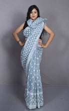 Sholapuri Work Jamdani Saree in Polo Blue, Off White and Golden