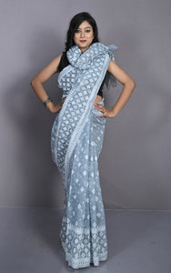 Sholapuri Work Jamdani Saree in Polo Blue, Off White and Golden