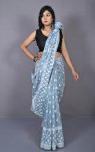 Sholapuri Work Jamdani Saree in Polo Blue, Off White and Golden