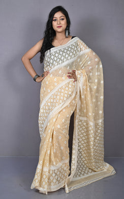 Sholapuri Work Jamdani Saree in Parmesan, Off White and Golden