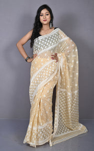 Sholapuri Work Jamdani Saree in Parmesan, Off White and Golden